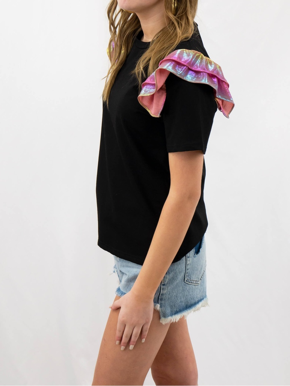 Women's Black Tee with Pink Iridescent Ruffle Shoulders